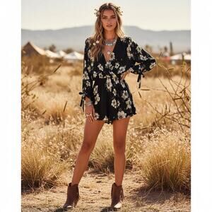 Free People Floral  Tunic Top | Size Small | Tie Cuffs